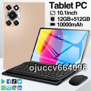 未使用品 Tblet PC タブレットパソコン 10.1インチ 12GB+512GB 10000mAh 16+32MP 動作確認ゴールドマジックキーボードと保護ケース別途販売