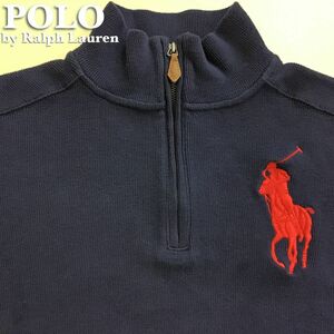 ★USA直輸入!!★正規品★【Polo by Ralph Lauren ラルフ】刺繍BIGポニー ハーフジップ スウェット【ユース L レディース S】紺 150 K2-667