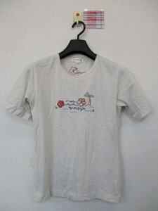 ★レディース 半袖Tシャツ ボーダー ヤシの木 お花 バックプリント ベージュ系（M）