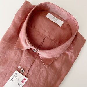 新品 M UNIQLO ユニクロ プレミアムリネンシャツ レディース 長袖 ブラウン ライトブラウン 麻 シャツ ボタンダウン 定番 リネン