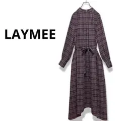 LAYMEE チェック柄ロングワンピース　長袖　リボンベルト　グレー