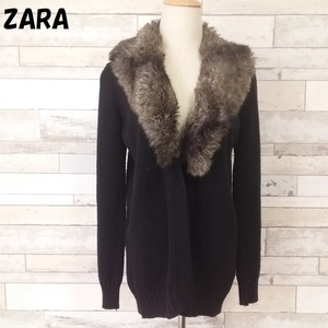 【人気】ZARA/ザラ ファー付き襟ニットカーディガン ブラック USサイズM レディース/5634