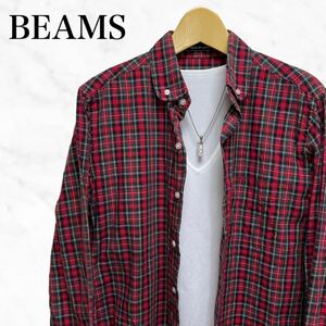 BEAMS チェックシャツ　長袖シャツ　日本製　カジュアルシャツ　赤　レッド