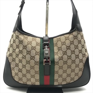 良品 GUCCI グッチ ジャッキー ハンド ワンショルダー バッグ シェリーライン GGキャンバス レザー ブラウン k2643