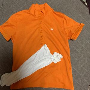 美品　バーバリーゴルフ　ハイネック半袖　L 専用アームカバー付き　吸汗速乾　ドライ　ホースマーク　オレンジ