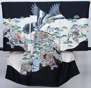 お宮参り 産着 のしめ 男児 正絹 着物 羽二重 豪華絢爛 金刺繍 祝着 鷹 黒地 新品 (株) 安田屋 NO35407