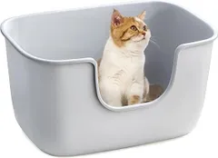 猫トイレ 大型 猫用トイレ本体 快適ワイド オープンタイプ 入口低め 清潔 ねこ トイレ 大きい 飛散防止 一体成形 お掃除 ラクラク （56.5×37.5×30cm グレー）