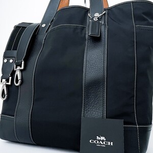 1円■未使用級■COACH コーチ 2way キャンバス トートバッグ ビジネス トラベル 旅行 ブリーフケース 大容量 A4 メンズ レザー ブラック 黒