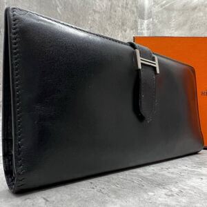 【美品】エルメス HERMES ベアン クラシック 長財布 二つ折り財布 ボックスカーフ レザー ブラック シルバー金具 メンズ □J刻印 2006年