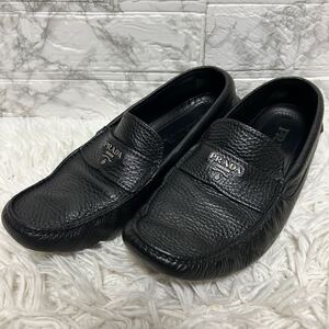 1円 美品 PRADA プラダ ドライビングシューズ レザー シボ革 ローファー フラットシューズ ビジネスシューズ ロゴ入り 26cm ブラック 黒