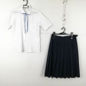 1円 ブラウス スカート 紐タイ 上下3点セット L 大きいサイズ 夏物 女子 学生服 中学 高校 白 制服 中古 ランクC NA7495