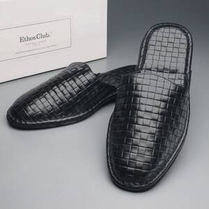 TI2179//未使用*エトスクラブ/Ethos Club*メンズS/編み込み革/メッシュレザー/スリッパ/サンダル/ルームシューズ/靴/黒/ブラック