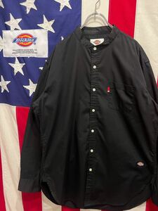 ★Dickies★ディッキーズ★バンドカラー★長袖シャツ★トップス★胸ポケット★ロゴパッチ★無地★シンプル★ブラック★黒★XLサイズ★