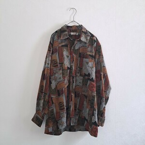 LEOZ 総柄シャツ 長袖シャツ ヴィンテージ レトロ モダン M メンズ vintage プリント トップス ウォッシャブル 洗える Y55