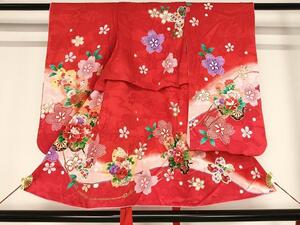 平和屋着物■七五三　女の子　３歳　祝着　三つ身　花車文　金彩　逸品　AAAK5913Boa