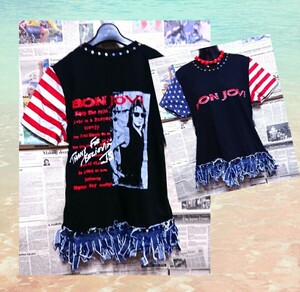 《未使用》【BON JOVI リメイク Tシャツ】ヴィンテージ CHEAP FED ボン・ジョヴィ ボン ジョビ デニム ロック メタル ROCK 音楽 M L サイズ