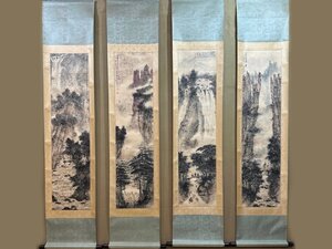 【安】中国近代画家「傅抱石書」紙本「山水人物図四条屏」掛軸 国画 墨寶妙品 中国書道 古美味 古美術 322