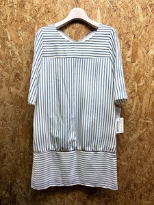 エイメルザショップ Amel The Shop 薄手 チュニック ワンピース 裏地 ひざ丈 ストライプ柄 5分袖 M オフホワイト×ブルー レディース