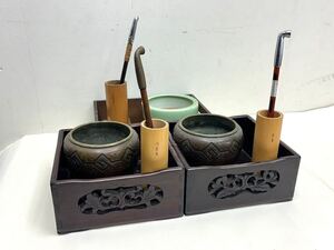 煙草盆 喫煙具 煙管 茶道具 竹筒 在銘 銅器 香炉 キセル 黒檀 唐木 時代物 古美術 骨董 たばこ レトロ 置物 木製 3点セット まとめて 1円〜