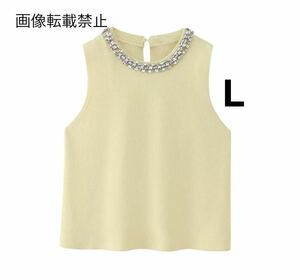 yellow vintage ヴィンテージ レトロ ビジュー ノースリーブ ニット トップス Lサイズ レディース★ZARA 好きな方に★2024 夏新作 新品★