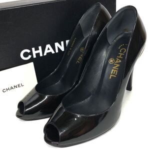 【シャネル】基準内 CHANEL 靴 23.5〜24.5cm ココマーク オープントゥ パンプス シューズ G25879 パテントレザー レディース 伊製 37 1/2 C