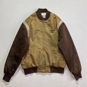 ビッグサイズ☆90s Adidas 中綿入り フルジップ ナイロンジャケット US-L トレフォイル ビンテージ ゴールド こげ茶 スタジャン ダウン