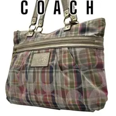 COACH コーチ チェック柄 A4 トートバッグ ポピー