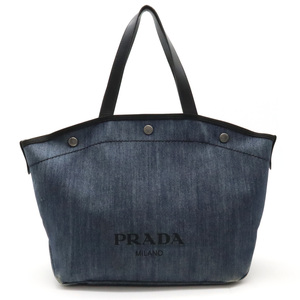 PRADA プラダ トートバッグ ショルダートート デニム レザー ブルー 青 ブラック 黒 シルバー金具