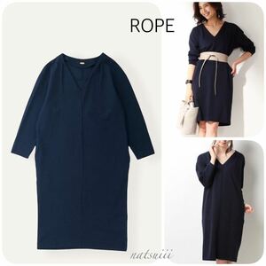 ROPE ロペ . Ｖネック タック コクーン ストレッチ ワンピース ネイビー 濃紺 日本製 送料無料