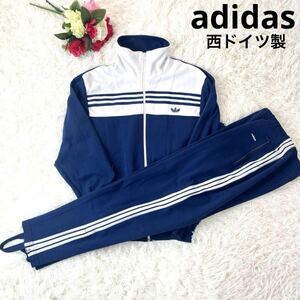 超希少/70s80s/セットアップ/adidas アディダス トラックジャケット×パンツ ジャージ上下 西ドイツ製 デサント 4号 M L 刺繍ロゴ 紺白