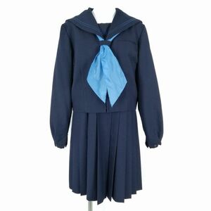 1円 セーラー服 ジャンパースカート スカーフ 上下3点セット 冬物 青2本線 女子 学生服 中学 高校 紺 制服 中古 ランクC NA8933