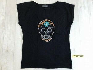 FC JEANS レディース スカル スパンコール 花刺繍入り フレンチスリーブ 半袖Tシャツ S 黒