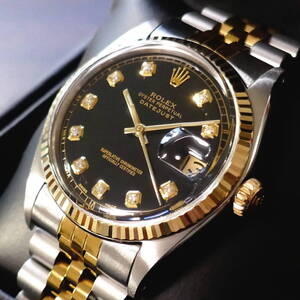 デッドS級極美品!OH済!!■ROLEX デイトジャスト■10Pダイヤ ブラック文字盤■R1601