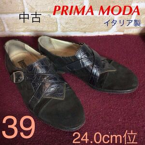 【売り切り!送料無料!】A-357 PRIMA MODA!イタリア製シューズ!38 24.0cm!ブラック!黒!おしゃれ!クロスベルトデザイン!中古!