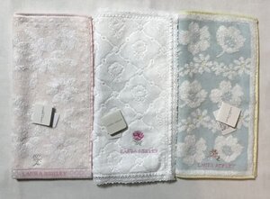 ♪新品♪Laura ashley・ローラアシュレイ／ハンカチタオル３枚セット（ピンク・白レース・ブルー縁イエロー