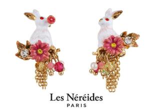 ● フランス レネレイド ピアス うさぎ 白 カラーストーン 花 ラインストーン ゴールド チェーン ビーズ 新品 Les Nereides ピンク N2 