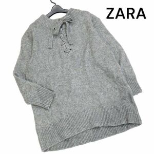 【新品 未使用】 ZARA ザラ 秋冬 ウール&モヘア混♪ レースアップ プルオーバー ニット セーター Sz.S　レディース グレー　K3T00834_A#K