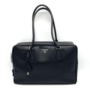 1円 極美品 PRADA プラダ サフィアーノレザー ブラック スクエア トートバッグ ハンドバッグ ロゴプレート BL0095