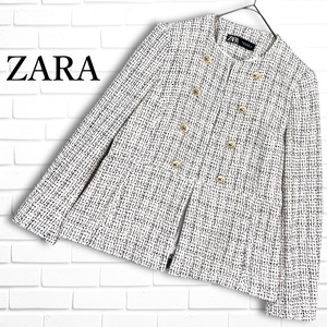 ◆良品 現行タグ◆ ZARA ザラ 金ボタン ツイード ノーカラー ジャケット 白 黒 レディース L ◆お出かけ 学校行事 お呼ばれ◆ 3044H