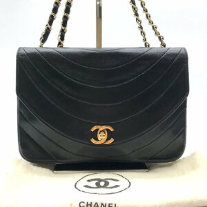 1円 良品 CHANEL シャネル ココマーク ラムスキン ウェーブ ターンロック チェーン ショルダー バッグ ブラック a3955