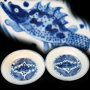 【治】時代古陶　染付魚紋小皿二客☆幅11.4ｃｍ　一対　南京　呉須　手塩皿　菓子皿　銘々皿　唐物　中国　茶懐石　CP12