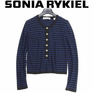 ◆SONIA RYKIEL ソニアリキエル アンゴラ混 ボーダー柄 ロゴ金ボタン ウール ニット セーター 紺 ネイビー×ブラック 38