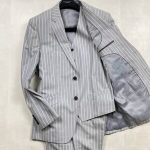 ☆極美品 LLサイズ☆メンズティノラス MEN’S TENORAS 3ピース ウール100 セットアップ ピンストライプ グレー メンズ ビジネススーツ