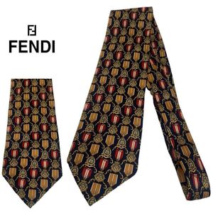 FENDI VINTAGE フェンディ ヴィンテージ MADE IN ITALY イタリア製 ミリタリー 勲章柄 総柄 シルクネクタイ ネクタイ ネイビー アーカイブ