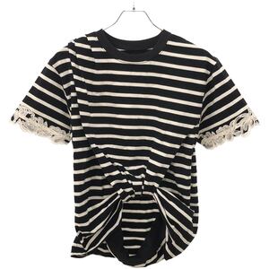 3.1 Phillip Lim スリーワンフィリップリム 24SS Draped Tee with Lace Embroidery ボーダーTシャツ S242-10163PJE ブラック×ホワイト XS