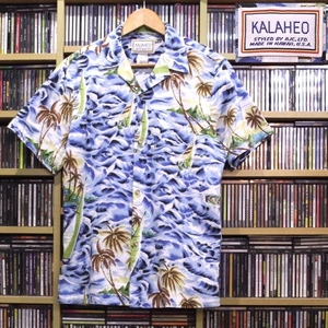 KALAHEO カラヘオ 90’s ハワイ製 USA製 アロハシャツ 半袖シャツ 青 水色 白 ヨット 荒波 ヤシの木 島 総柄 M 美品
