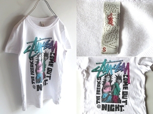 希少 00sビンテージ USA製 STUSSY GIRLS ステューシー THE FREAKS COME OUT NIGHT ロゴプリント Tシャツ 半袖 カットソー S 白 ホワイト