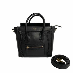 極 美品 希少品 CELINE セリーヌ ラゲージ ナノ レザー ロゴ 本革 2way ミニ ショルダーバッグ ハンドバッグ ブラック 黒 16441