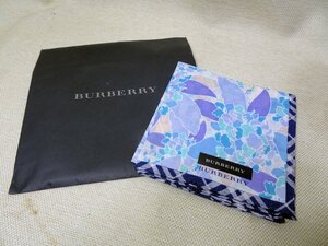 未使用品 シール付き◆BURBERRY/バーバリー ハンカチ 紫陽花柄 ブルー 格子透かし入り生地 イタリア製 シルク ハンカチ