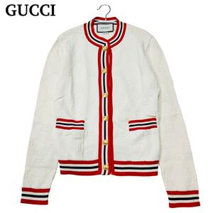 希少/シルク/グッチ◎GUCCI ニットカーディガン GG柄 シェリーライン 金ボタン ウール 白 ホワイト 赤 レッド クールネック 長袖 M